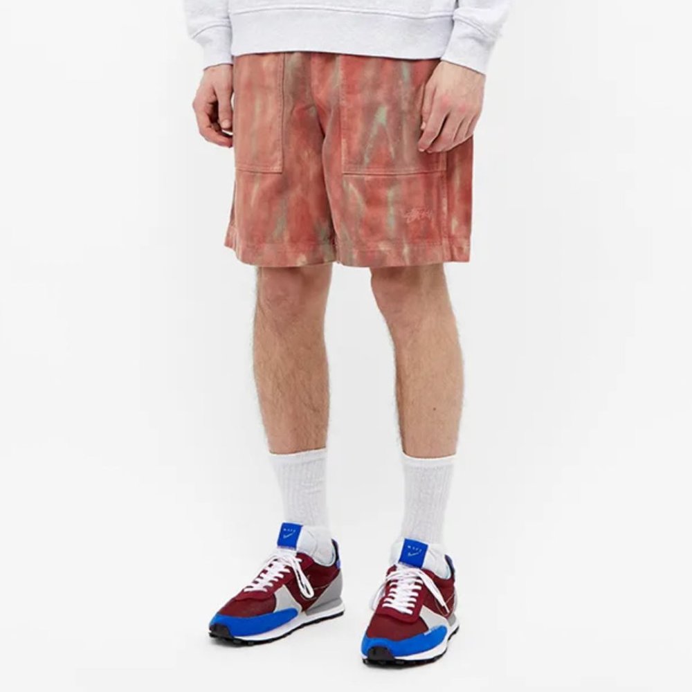 Stussy Men's Small S Orange Rust Tie Dyed Heavy Cotton Twill Easy Pull On Shorts